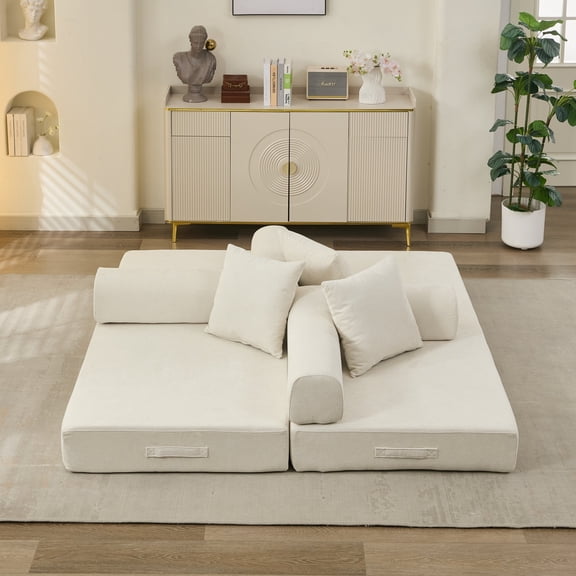 Sunrise Tech Convertible Floor Sofa Bed with Armrests, Folding Chenille Mattress Couch, Comfy Lounge Floor Sofa for Living Room Bedroom Studio, Beige