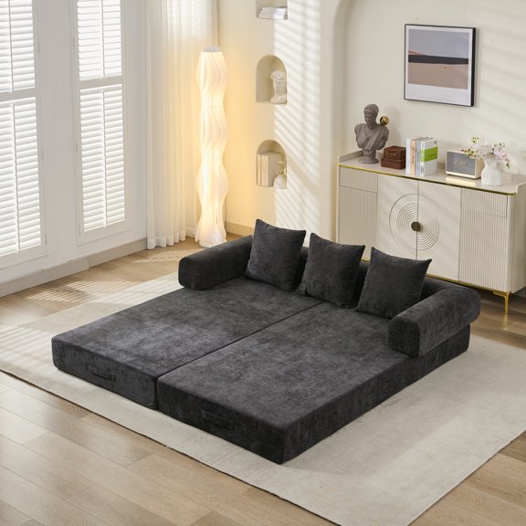 Sunrise Tech Convertible Floor Sofa Bed with Armrests, Folding Chenille Mattress Couch, Comfy Lounge Floor Sofa for Living Room Bedroom Studio, Black