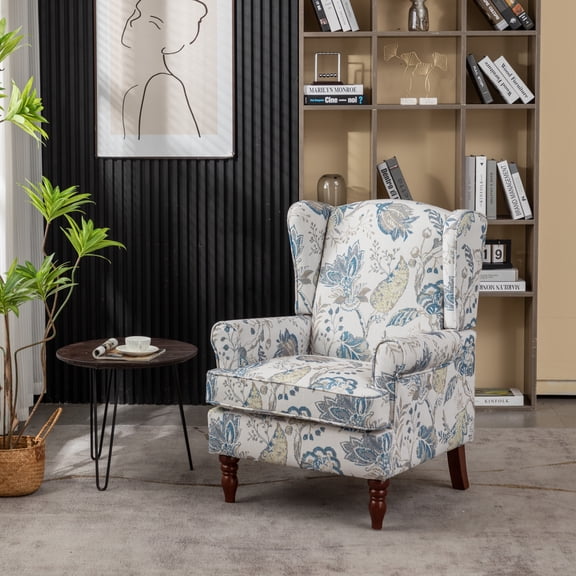 Sunrise Tech Modern Accent Chair with Retro Wood Legs, Upholstered Armchair, Floral Design Single Sofa Chair for Living Room Bedroom Office, Floral Blue Linen Fabric