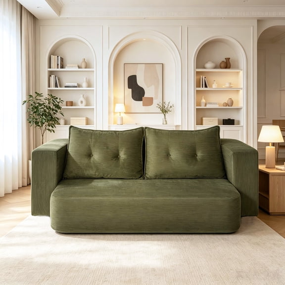 Sunrise Tech Modern Corduroy Floor Convertible Sofa Bed, Folding Sleeper Couch with High-Density Foam Mattress, No Assembly Required, Dark Green, Foam and Spring, for Living Room Small Apartments