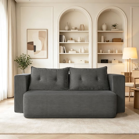 Sunrise Tech Modern Corduroy Floor Convertible Sofa Bed, Folding Sleeper Couch with High-Density Foam Mattress, No Assembly Required, Dark Grey, Foam and Spring, for Living Room Small Apartments