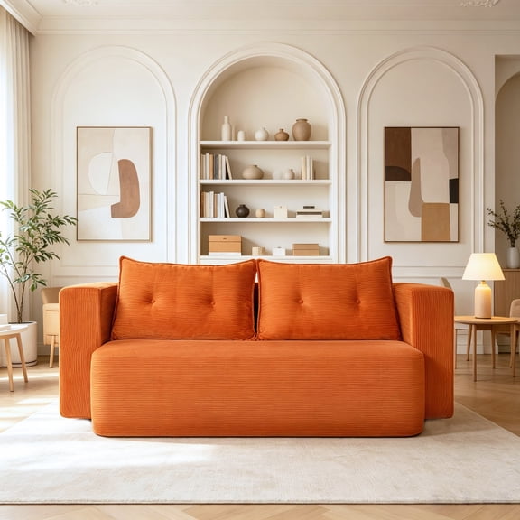 Sunrise Tech Modern Corduroy Floor Convertible Sofa Bed, Folding Sleeper Couch with High-Density Foam Mattress, No Assembly Required, Orange, Foam and Spring, for Living Room Small Apartments