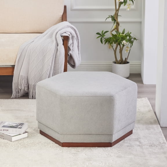 Sunrise Tech Modern Hexagonal Upholstered Ottoman with Wood Base, Light Gray Fabric Footrest Accent Stool for Living Room Bedroom, Versatile Seating
