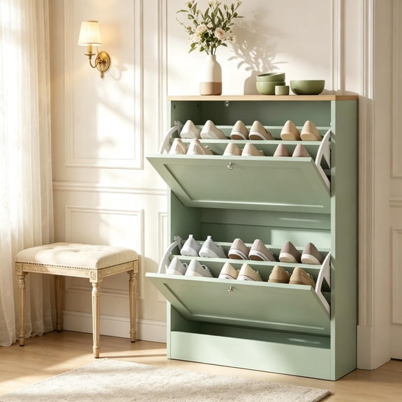 Sunrise Tech Modern Hidden Shoe Organizer, Slim Entryway Shoe Cabinet, Stylish Shoe Cabinet, Green and Light Oak, Particle Board, Space Saving Storage for Entryway Hallway Living Room