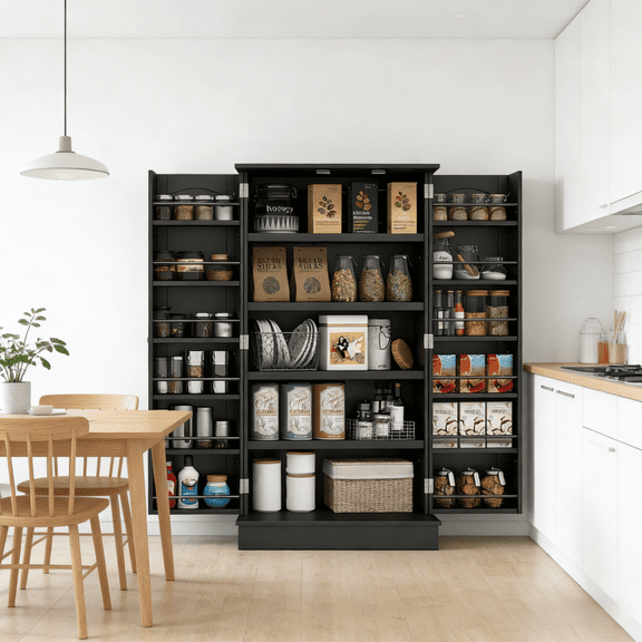 Sunrise Tech Modern Kitchen Cabinet Pantry Storage Organizer Black Particle Board MDF 5 Tier Shelves 12 Tier Side Racks Adjustable Shelves Anti Tip for Kitchen Dining Entryway