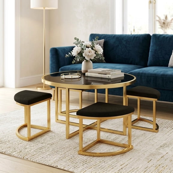 Sunrise Tech Modern Round Coffee Table Set with 4 Nesting Stools, Black Tempered Glass Top and Gold Metal Frame, Space Saving Cocktail Table with Upholstered Stools for Living Room Apartment