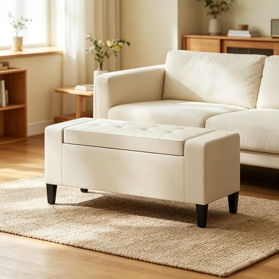 Sunrise Tech Modern Storage Bench, Versatile Ottoman Bench, Bench with Functional Design, Beige Linen, Foam Cushion, Rubber Wood Legs, Upholstered Entryway Bench for Living Room Bedroom