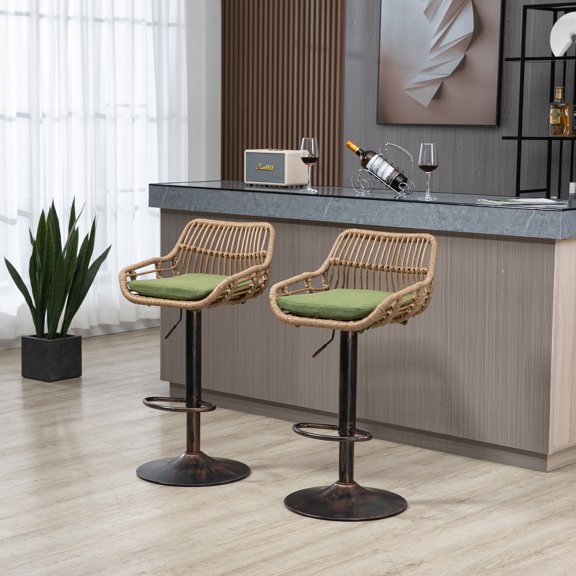Sunrise Tech Modern Swivel Bar Stools Set of 2, Adjustable Counter Height Chairs with Footrest, Green Linen Upholstered with Foam Cushion for Kitchen Dining Room
