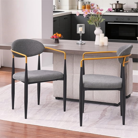 Sunrise Tech Modern Upholstered Dining Chairs Set of 2, Gold-Accented Armrests, Ergonomic Grey Fabric Seat and Black Metal Frame for Dining Room, Offices, Home Decor and More.