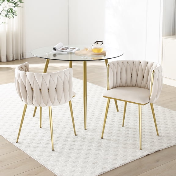 Sunrise Tech Modern Velvet Dining Chairs Set of 2, Woven Upholstered Dining Chair with Golden Metal Legs, Beige, Foam Cushion for Dining Room Kitchen Vanity Living Room