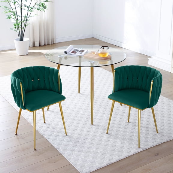 Sunrise Tech Modern Velvet Dining Chairs Set of 2, Woven Upholstered Dining Chair with Golden Metal Legs, Green, Foam Cushion for Dining Room Kitchen Vanity Living Room
