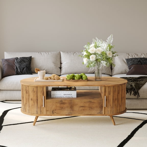 Sunrise Tech Natural Oak 45.27" Oval Coffee Table with Storage, Mid-Century Modern Center Table and TV Stand with Drawer, Sliding Door and Fluted Wood Handle for Living Room, Bedroom