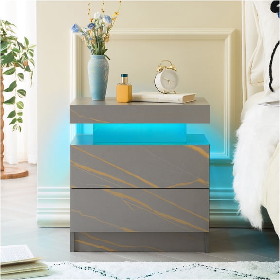 Sunrise Tech Nightstand LED Bedside Table with Cabinet Lights and 2 Drawers, Grey and Gold Modern End Side Table for Bedroom Living Room, Engineered Wood and Wood, Easy Assembly