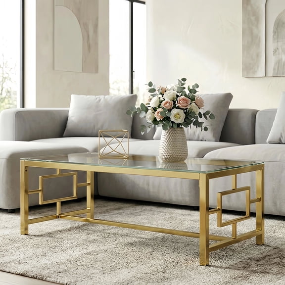 Sunrise Tech Rectangular Gold Coffee Table, Modern Tempered Glass Top with Interlocking Geometric Metal Frame, Luxury Glam Center Table for Living Room, 47.2", Clear Tempered Glass