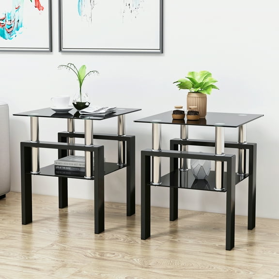 Sunrise Tech Set of 2 Modern Tempered Glass Coffee Table End Table, Square Tea Table for Living Room, Black Tempered Glass, Sofa Side Table, Modern Style for Bedroom Apartment Small Space