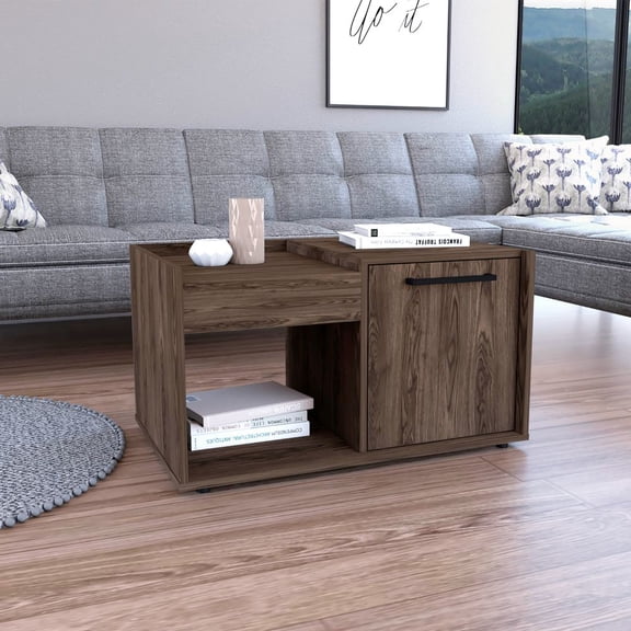 Sunrise Tech Soft Velvet Coffee Table with One Open Shelf and Single Door Cabinet, Modern Center Accent Table with Hidden Storage, Easy Assembly for Living Room, Bedroom, Apartment, Small Space