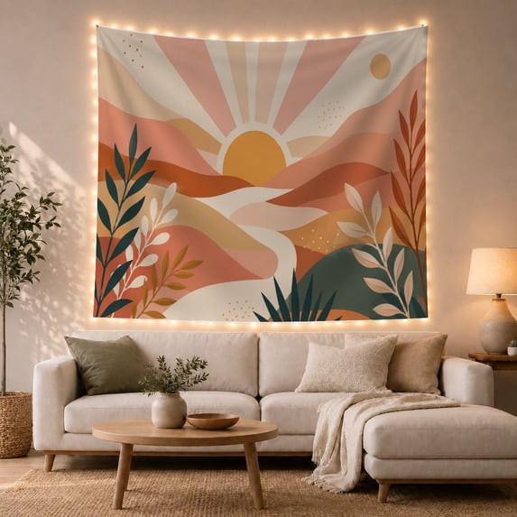 Sunrise Over Terracotta Hills in a Desert Landscape, Peaceful Boho for Nature Lovers, Abstract Wall Art, Housewarming Gift Tapestry Wall Hanging for Bedroom and Living Room