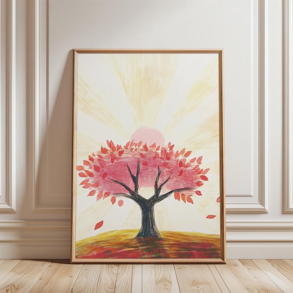 Sunrise Tree Art Print Abstract Landscape Illustration Nature Decor, Unframed Paper Poster 8x10in