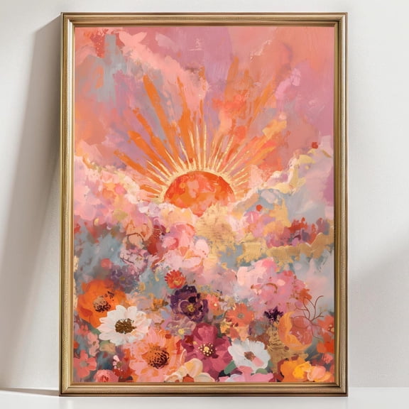 Sunrise Wall Art Print Golden Sun Over Floral Clouds Inspirational Morning Artwork Uplifting Colorful Nature Home Decor