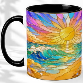 Sunrise Wave Coffee Mug, Stained Glass Ocean Art, Coastal Daily Tea Sips