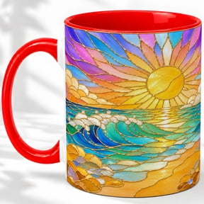 Sunrise Wave Coffee Mug, Stained Glass Ocean Art, Coastal Daily Tea Sips