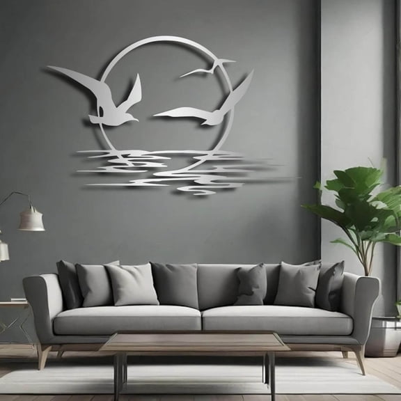 Sunrise and Birds Metal Wall Art, Seagulls Metal Wall Decor, Home Decor, Housewarming Gift (Silver, 35" x 22" / 90 x 56 cm)