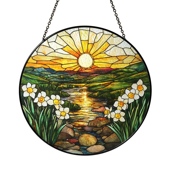 Sunrise and Daffodil Stained Glass Suncatcher Window Hanging, March Birth Flower Floral Home Decor Gift