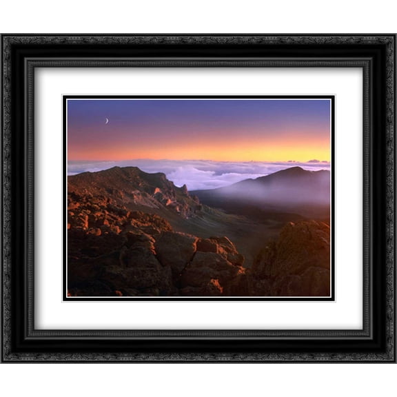Sunrise and crescent moon overlooking Haleakala Crater, Maui, Hawaii 2x Matted 24x20 Black Ornate Framed Art Print by Fitzharris, Tim