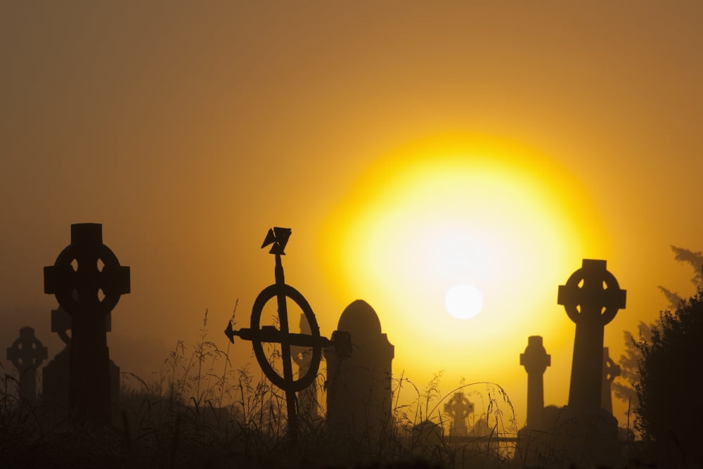 Sunrise at aghadoe heights graveyard with silhouetted tombstonesKillarney county kerry ireland Canvas Art - Peter Zoeller Design Pics (19 x 12)