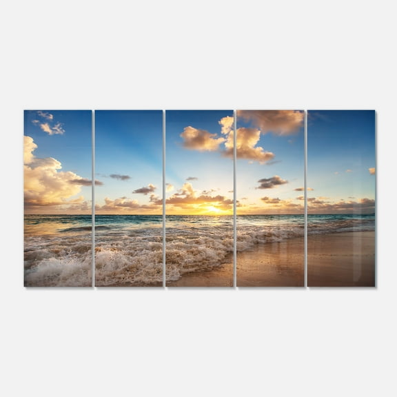 Sunrise on Beach of Caribbean Sea 28 in x 60 in Painting Art Prints, by Designart