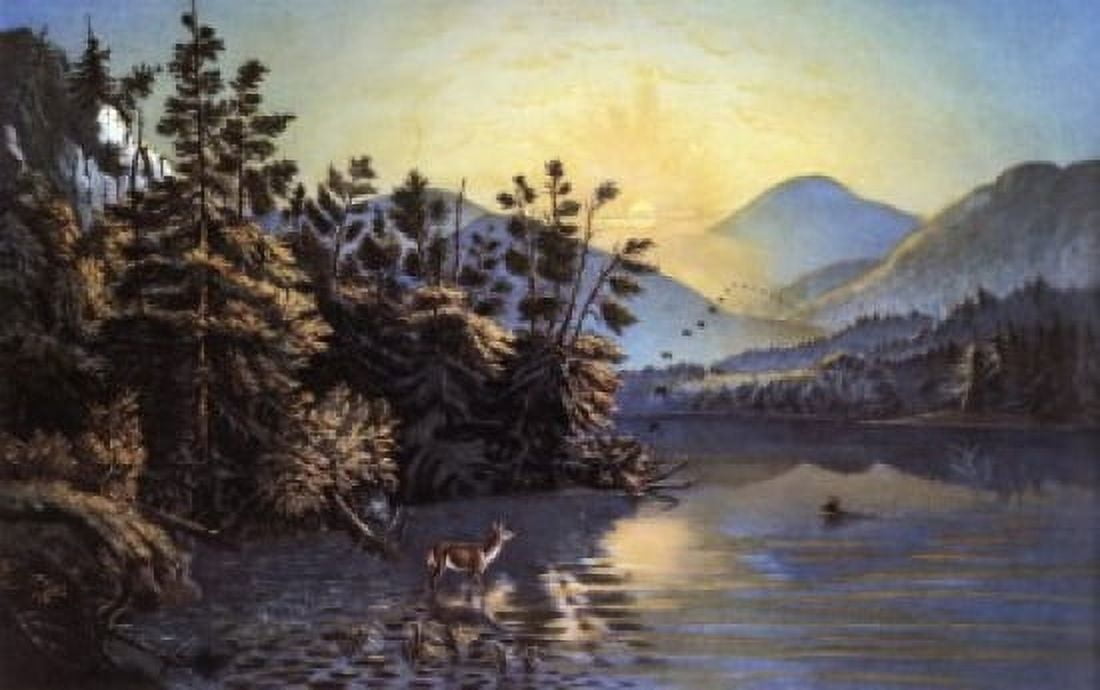 Sunrise on Lake Saranac Currier & Ives (active 1857-1907American) Canvas Art - Currier & Ives (18 x 24)