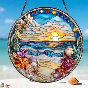 Sunrise on the Beach Stained Glass Suncatcher, Ocean Wave Stain Glass Decor, Sunrise Lover Gift, Beach Window Suncatcher, Coastal Home Decor, 3.5 in