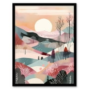Sunrise over Countryside Hills Boho Artwork Winter Landscape Pink and Teal Art Print Framed Poster Wall Decor 12x16 inch
