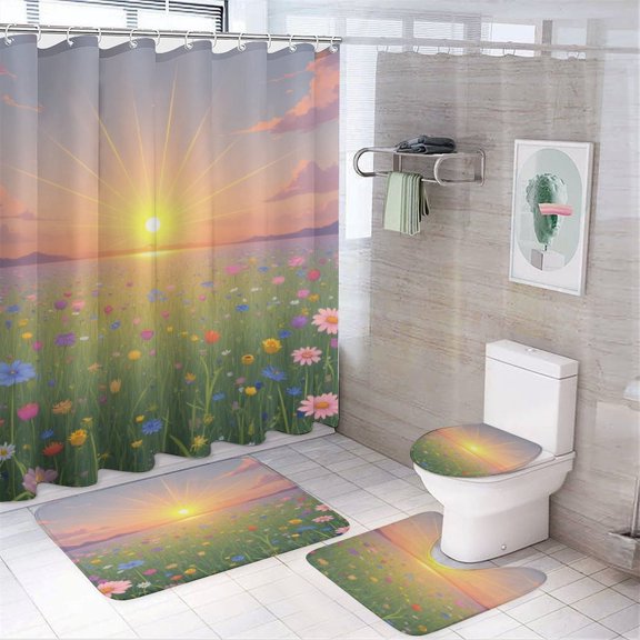 Sunrise over Floral Meadow Shower Curtain Waterproof Bathroom Curtain Set with Hooks Home Decor Bathroom Curtains 4pcs
