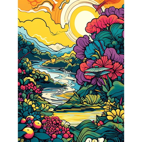 Sunrise over Polynesian River Landscape Vibrant Tropical Nature Polka Dot Halftone Unframed Wall Art Print Poster Home Decor Premium