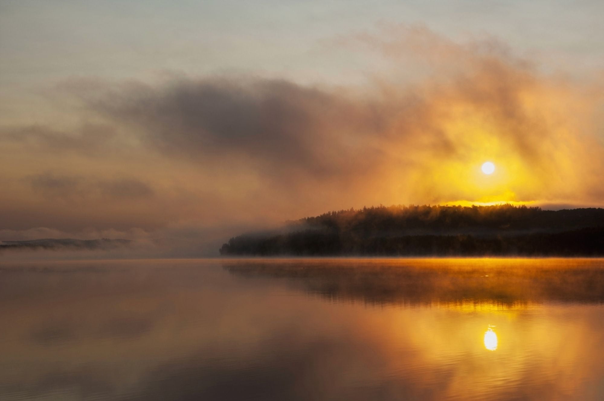 Sunrise over a calm misty wilderness lake Ontario Canada Canvas Art - James Smedley Design Pics (19 x 12)