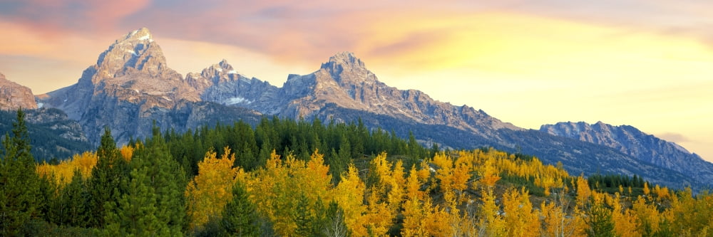 Sunrise over mountain range Teton Range Taggart Lake Trail Grand Teton National Park Wyoming USA Canvas Art - Panoramic Images (27 x 9)