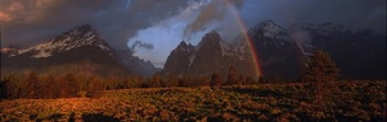 Sunrise & rainbow Grand Teton National Park WY USA Canvas Art - Panoramic Images (36 x 12)