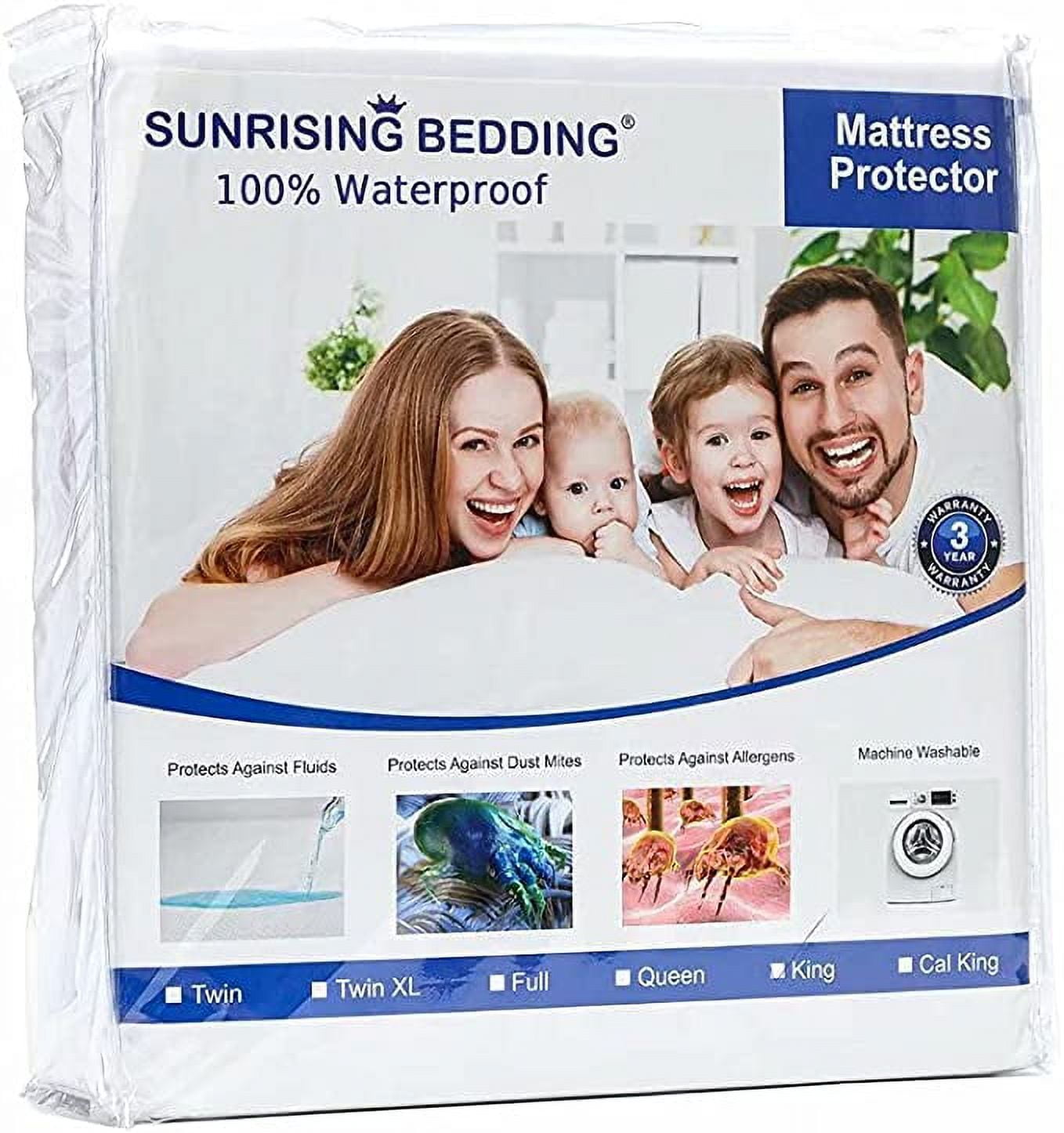 Sunrising Bedding King Size Mattress Protector, Waterproof Mattress Cover, Fitted Sheet Deep Pocket 80"x76"x18", 10 Year Warranty