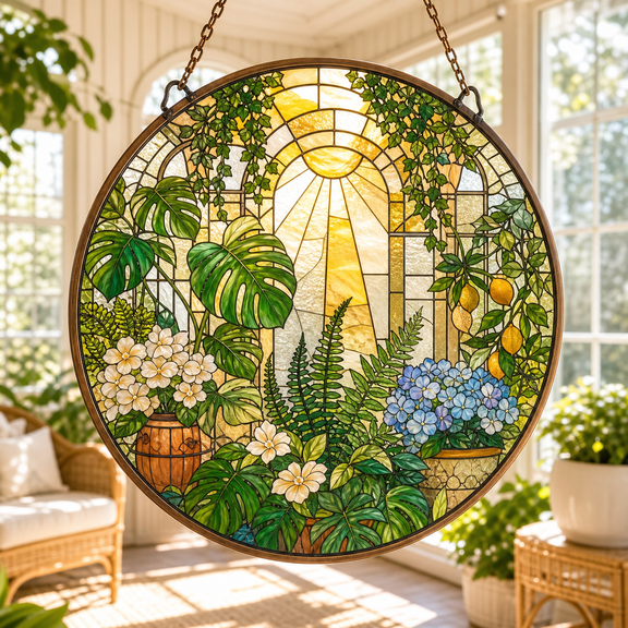 Sunroom Suncatcher Stained Glass Window Hanging for Bright Botanical Room Decor