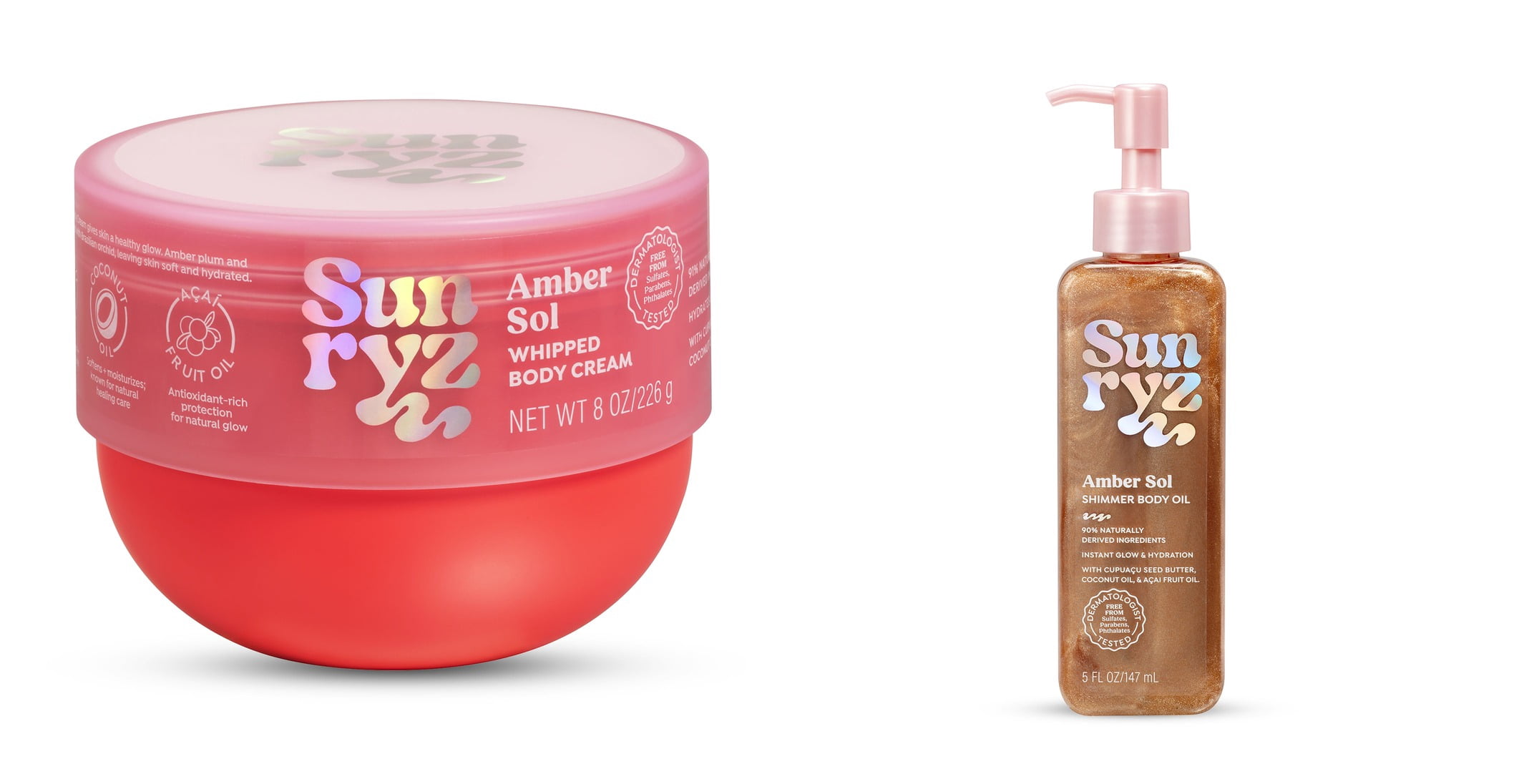 Sunryz Amber Sol Whipped Body Cream with Cupuaçu Butter & Coconut Oil & Sunryz Amber Sol Shimmer Body Oil, Radiant Bronze Glow Bundle