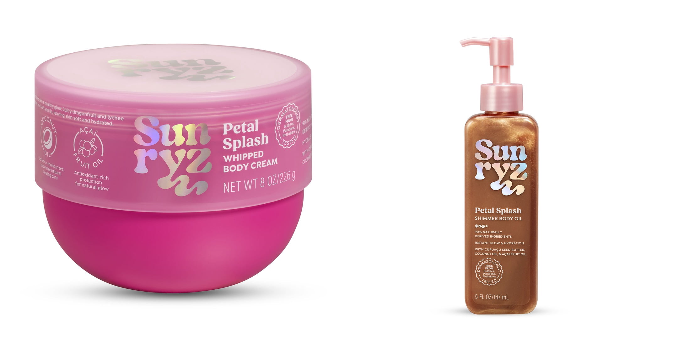 Sunryz Petal Splash Whipped Body Cream with Cupuaçu Butter & Coconut Oil & Sunryz Petal Splash Shimmer Body Oil, Rose Gold Glow Bundle