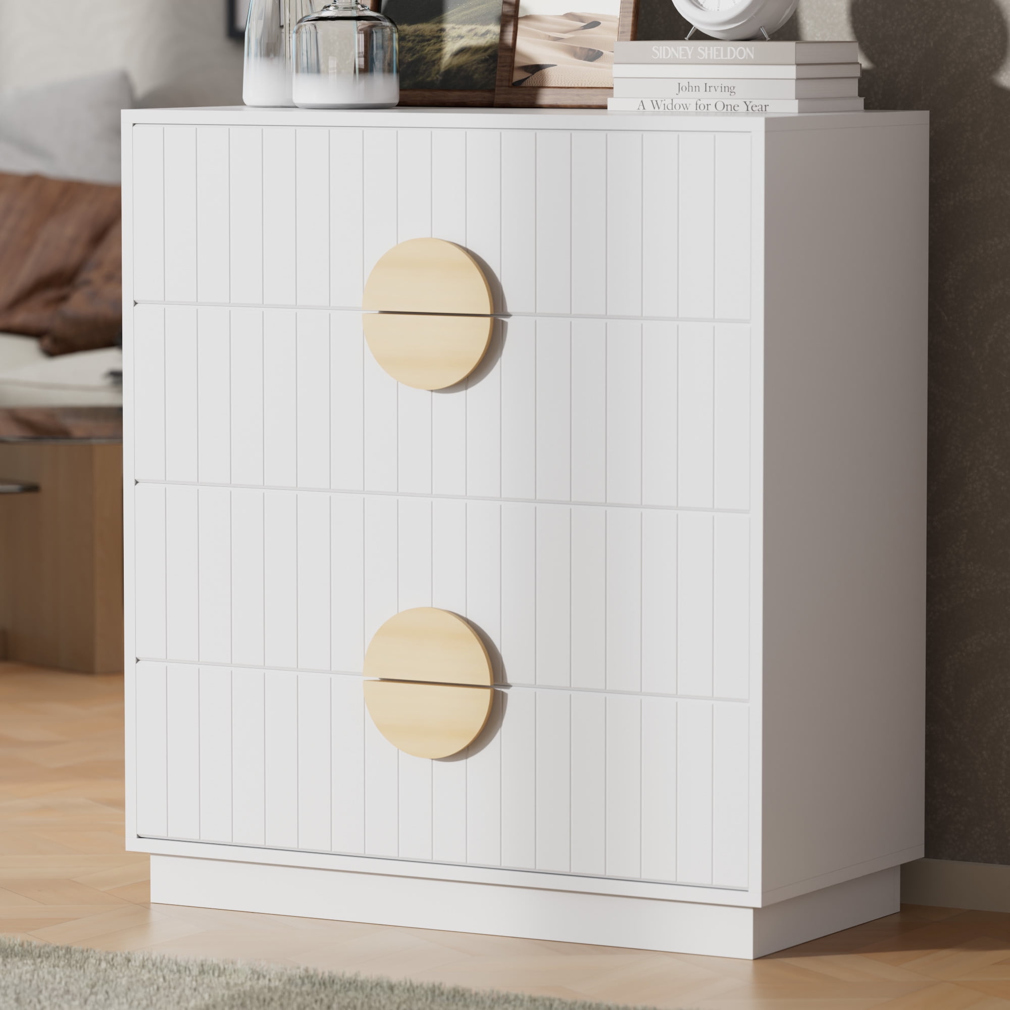 SunsGrove 4 Drawer Chest White Modern Dresser with Striped Textured