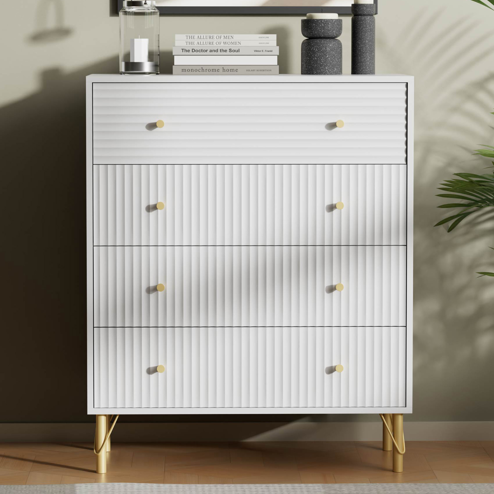 SunsGrove 4 Drawer Chest White Modern Dresser with Fluted Waveform