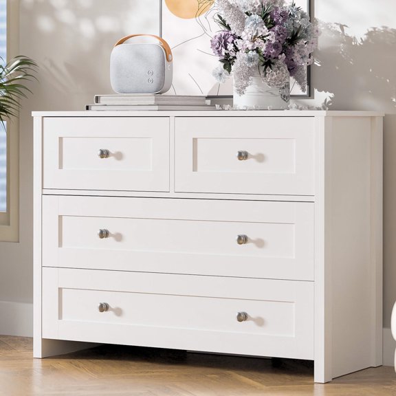 SunsGrove Dresser for Bedroom with 4 Drawers, White Chest of Drawers, Storage Organizer with Anti-Tipping Devices for Hallway, Living Room,Closet