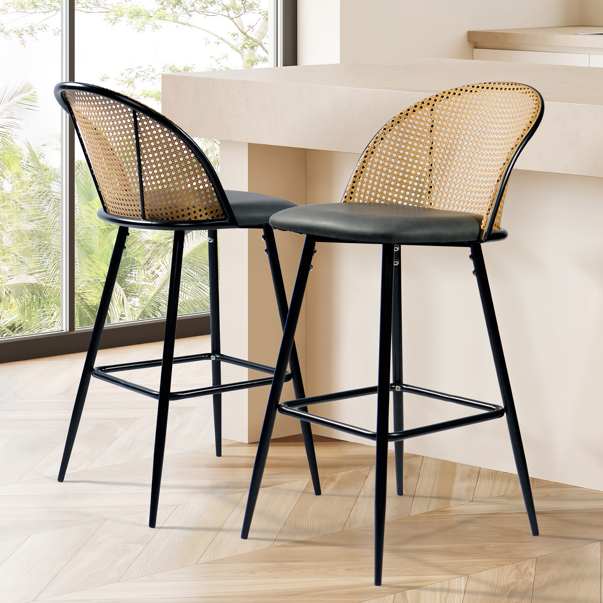 SunsGrove Bar Stools Set of 2, Rattan Bar Stools with High Back Support