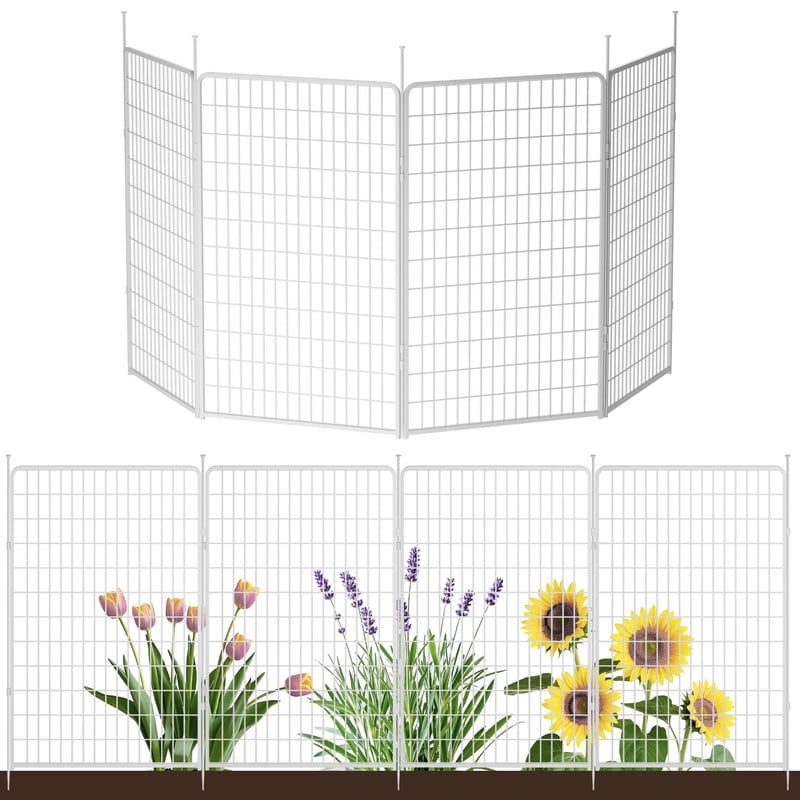 SunsGrove Decorative Garden Fence 24 in(H) x 10.2 ft(L) 4 Panels, Heavy Duty Metal Animal Barrier Fence, No Door, Flower Bed Fencing, White