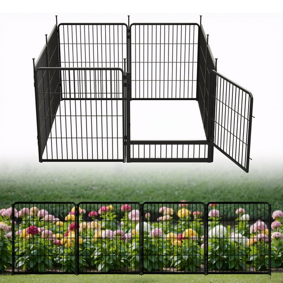 SunsGrove Decorative Garden Fence 32 in(H) x 17.8 ft(L) 8 Panels, Heavy Duty Metal Animal Barrier Fence, No Dig Fence for Dogs, Rabbit Fence for Garden, Black
