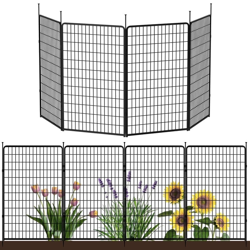 SunsGrove Decorative Garden Fence 50 in(H) x 10.2 ft(L) 4 Panels, Heavy Duty Metal Animal Barrier Fence, No Dig Fence for Dogs, Rabbit Fence for Garden, Black