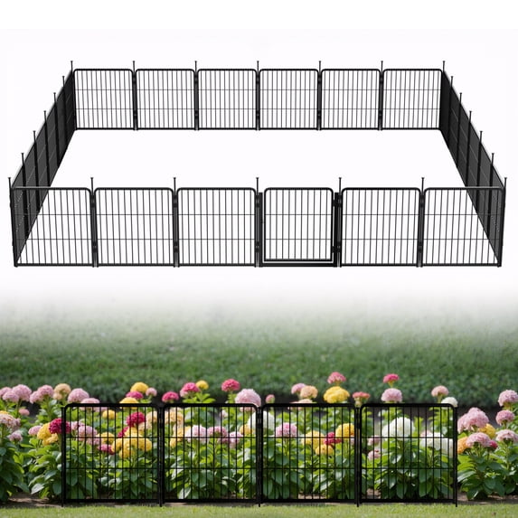 SunsGrove Decorative Garden Fence with Gate 24 in(H) x 44.5 ft(L) 24 Panels, Heavy Duty Metal Animal Barrier Fence for Yard, Flower Bed Fencing, Garden Border Fence, Easy Set Up, Black
